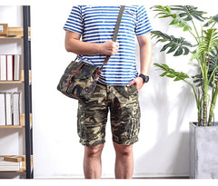 Camouflage Waxed Canvas Leather Mens Waterproof Side Bag Postman Bag Messenger Bag for Men