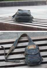 Jean Vintage Blue Messenger Bag Chest Bag Jean Blue One Shoulder Backpack For Men