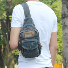 Jean Vintage Blue Messenger Bag Chest Bag Jean Blue One Shoulder Backpack For Men