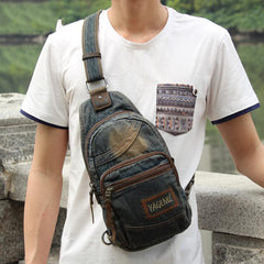 Jean Blue Mens 8 inches Sling Bag Chest Bags Fashion Denim One Shoulder Backpack For Men
