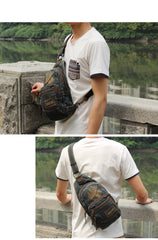 Jean Blue Mens 8 inches Sling Bag Chest Bags Fashion Denim One Shoulder Backpack For Men