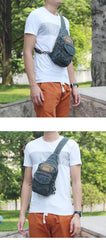 Fashion Jean Blue Mens Sling Bag Chest Bags Denim Sling Pack One Shoulder Backpacks For Men
