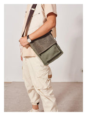 Canvas Mens Vertical Messenger Shoulder Bag Green Small Side Bag Courier Bag for Men