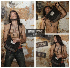 Canvas Leather Mens Gray Black Side Bag Messenger Bags Canvas Courier Bag for Men