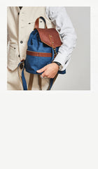 Canvas Leather Mens Womens Backpack Travel Backpack Blue Satchel Rucksack Canvas School Backpack for Men Women
