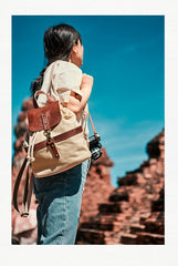 Canvas Leather Mens Womens Backpack Travel Backpack Blue Satchel Rucksack Canvas School Backpack for Men Women