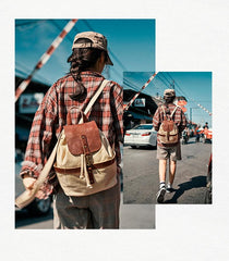 Canvas Leather Mens Womens Backpack Travel Backpack Blue Satchel Rucksack Canvas School Backpack for Men Women