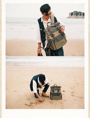 Canvas Leather Mens Backpack 15 inches Travel Green Backpacks Satchel Backpack Canvas School Backpack for Men