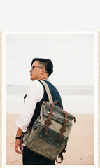 Canvas Leather Mens Backpack 15 inches Travel Green Backpacks Satchel Backpack Canvas School Backpack for Men