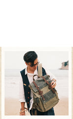 Canvas Leather Mens Backpack 15 inches Travel Green Backpacks Satchel Backpack Canvas School Backpack for Men