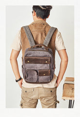 Waxed Canvas Leather Mens Backpack 14 inches Canvas Travel Backpack Canvas Computer Backpack for Men
