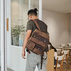 Waxed Canvas Leather Mens Backpack 14 inches Canvas Travel Backpack Canvas Computer Backpack for Men