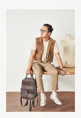 Waxed Canvas Leather Mens Backpack 14 inches Canvas Travel Backpack Canvas Computer Backpack for Men