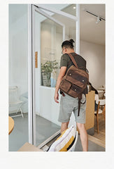 Waxed Canvas Leather Mens Backpack 14 inches Canvas Travel Backpack Canvas Computer Backpack for Men