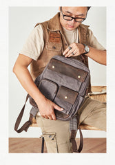 Waxed Canvas Leather Mens Backpack 14 inches Canvas Travel Backpack Canvas Computer Backpack for Men