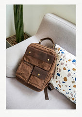 Waxed Canvas Leather Mens Backpack 14 inches Canvas Travel Backpack Canvas Computer Backpack for Men