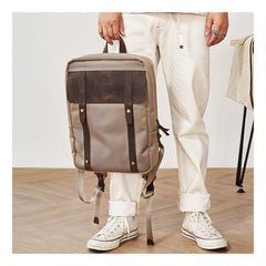 Canvas Leather Mens Backpack Canvas Khaki Travel Backpack Laptop Satchel Backpack for Men