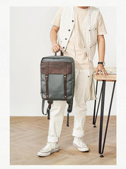 Canvas Leather Mens Backpack Canvas Khaki Travel Backpack Laptop Satchel Backpack for Men