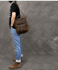 Vintage Leather Mens 10'' Vertical Brown Briefcase Handbag Bag Shoulder Bag Side Bag For Men