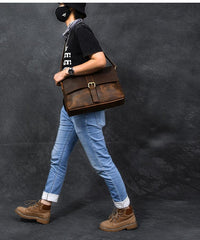 Vintage Leather Mens 13‘’ Brown Side Bag Messenger Bag Courier Bag For Men