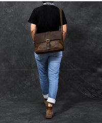 Vintage Leather Mens 13‘’ Brown Side Bag Messenger Bag Courier Bag For Men