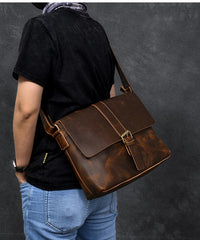 Vintage Leather Mens 13‘’ Brown Side Bag Messenger Bag Courier Bag For Men
