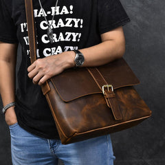 Vintage Leather Mens 13‘’ Brown Side Bag Messenger Bag Courier Bag For Men