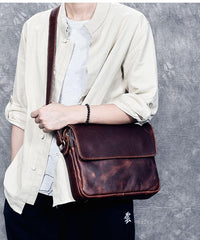 Cool Leather Mens 8‘’ Red Brown Small Side Bag Small Messenger Bag Shoulder Bag For Men