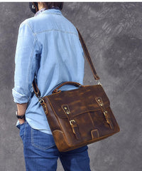 Leather Mens Brown Briefcase 14'' Laptop Bag Messenger Bag Shoulder Bag For Men