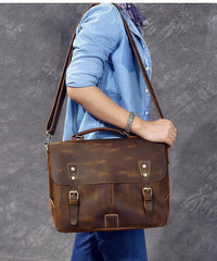 Leather Mens Brown Briefcase 14'' Laptop Bag Messenger Bag Shoulder Bag For Men