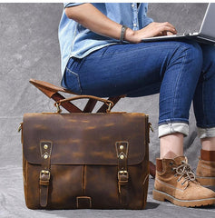 Leather Mens Brown Briefcase 14'' Laptop Bag Messenger Bag Shoulder Bag For Men