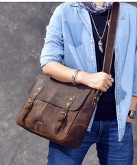 Leather Mens Brown Briefcase 14'' Laptop Bag Messenger Bag Shoulder Bag For Men
