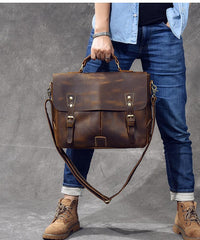Leather Mens Brown Briefcase 14'' Laptop Bag Messenger Bag Shoulder Bag For Men