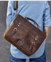 Leather Mens Brown Briefcase 14'' Laptop Bag Messenger Bag Shoulder Bag For Men