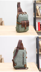 Canvas Leather Mens Khaki Chest Bag One Shoulder Backpack Green Sling Bag for Men