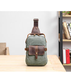 Canvas Leather Mens Khaki Chest Bag One Shoulder Backpack Green Sling Bag for Men