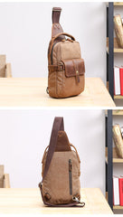 Canvas Leather Mens Khaki Chest Bag One Shoulder Backpack Green Sling Bag for Men