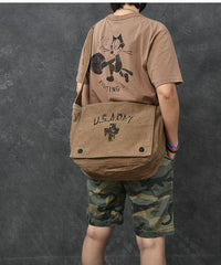 Canvas Leather Mens Large Brown Side Bag 14'' Army Green Messenger Bag Postman Bag For Men