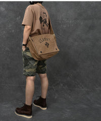 Canvas Leather Mens Large Brown Side Bag 14'' Army Green Messenger Bag Postman Bag For Men