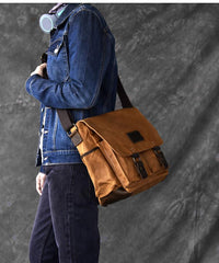 Canvas Leather Mens Large Brown Side Bag 14'' Khaki Messenger Bag Brown Postman Bag For Men