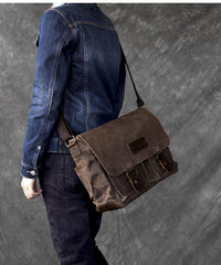 Canvas Leather Mens Large Brown Side Bag 14'' Khaki Messenger Bag Brown Postman Bag For Men