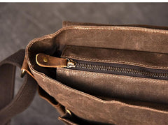 Canvas Leather Mens Large Brown Side Bag 14'' Khaki Messenger Bag Brown Postman Bag For Men