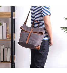 Canvas Leather Mens 13'' Khaki Side Bag Courier Bag Messenger Bag Black Shoulder Bag for Men