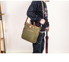 Canvas Leather Mens Side Bag Army Green 12'' Tote Postman Bag Messenger Bag for Men