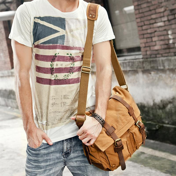 Canvas Leather Mens Vintage 14" Brown Travel Side Bag Black Messenger Bag Blue Shoulder Bag for Men