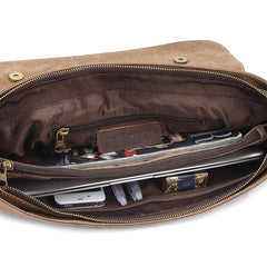 Canvas Leather Mens Vintage Khaki 14'' Briefcase Side Bag Lake Green Messenger Bag Brown Courier Bag for Men