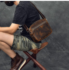 Vintage Leather Mens 8' Brown Saddle Side Bag Messenger Bag Small Postman Bag For Men