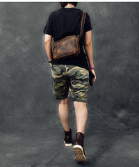 Vintage Leather Mens 8' Brown Saddle Side Bag Messenger Bag Small Postman Bag For Men