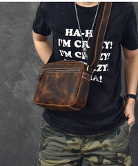 Vintage Leather Mens 8' Brown Saddle Side Bag Messenger Bag Small Postman Bag For Men