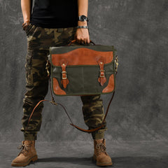 Canvas Leather Mens 14‘’ Army Green Briefcase Side Bag Retro Messenger Bag Shoulder Bag For Men
